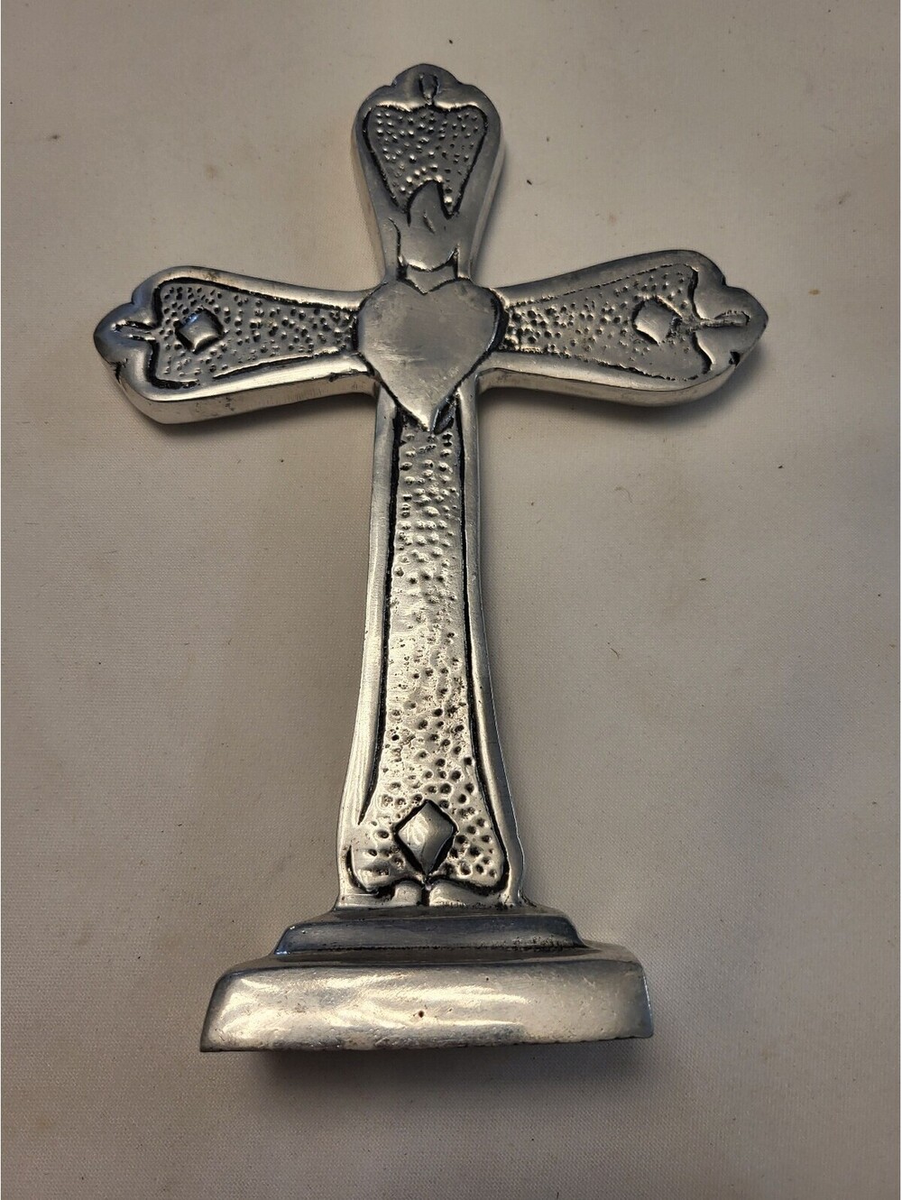 Decorative Metal Cross with Heart and Symbolic Designs 9"x6"